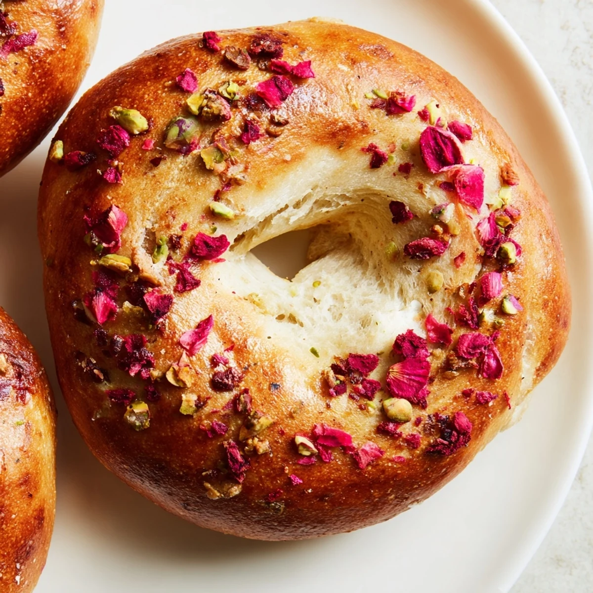 Chewy homemade raspberry pistachio sourdough bagels sprinkled with nutty toppings on a wooden board