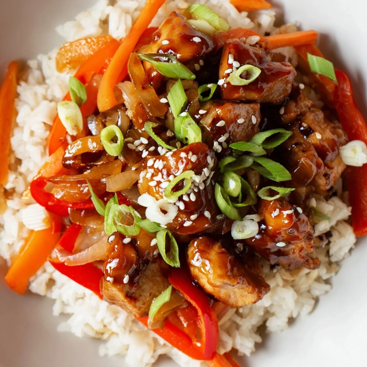One Pan Korean BBQ Chicken and Rice served in a cast iron skillet with sesame seed garnish on top