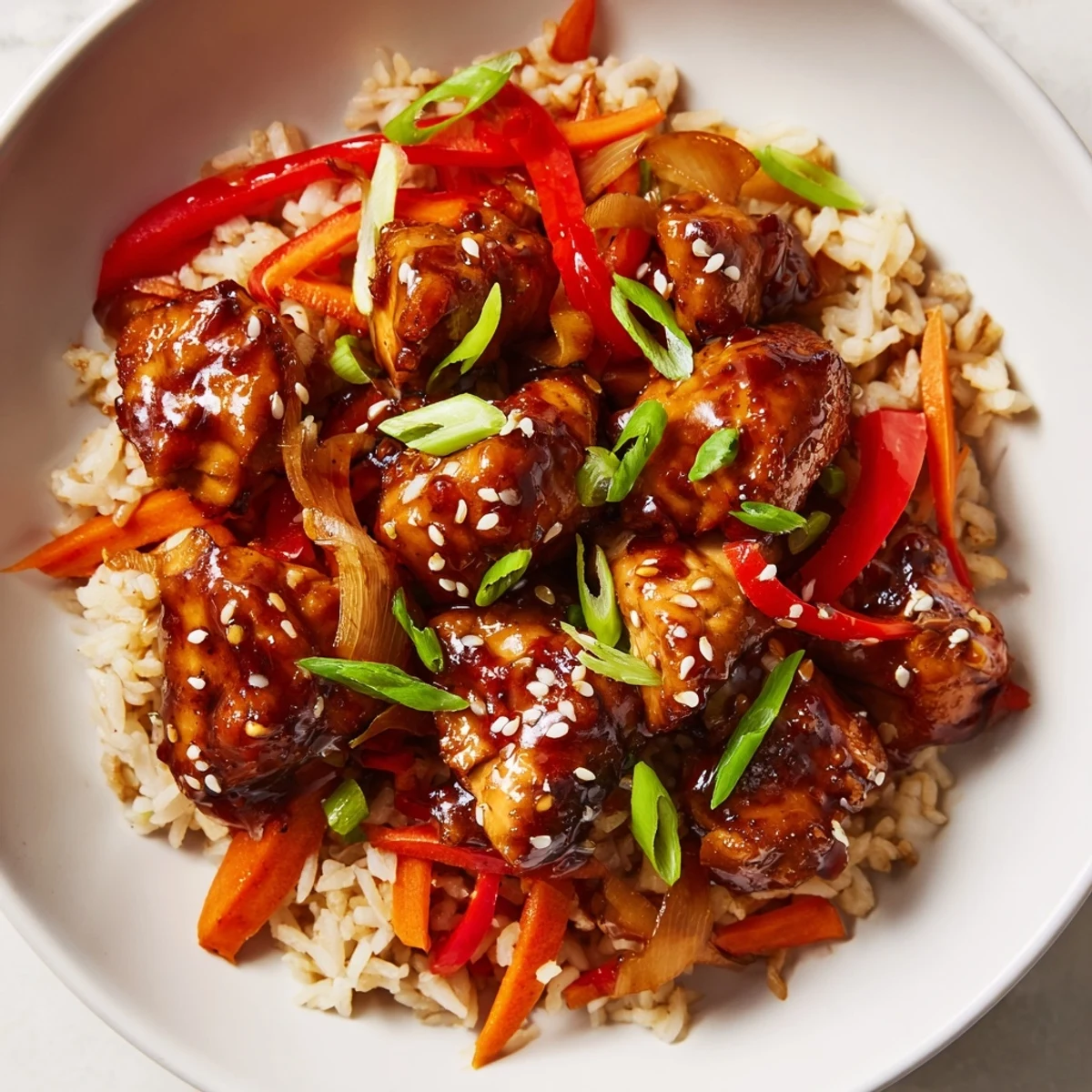 Glossy One Pan Korean BBQ Chicken and Rice with vibrant red peppers and tender juicy meat