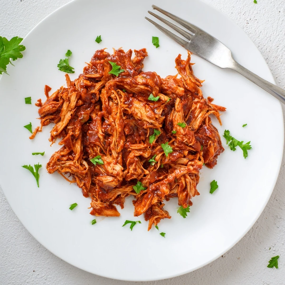 Tender Sweet Baby Ray's crockpot chicken glazed with rich, sticky barbecue sauce on a white plate