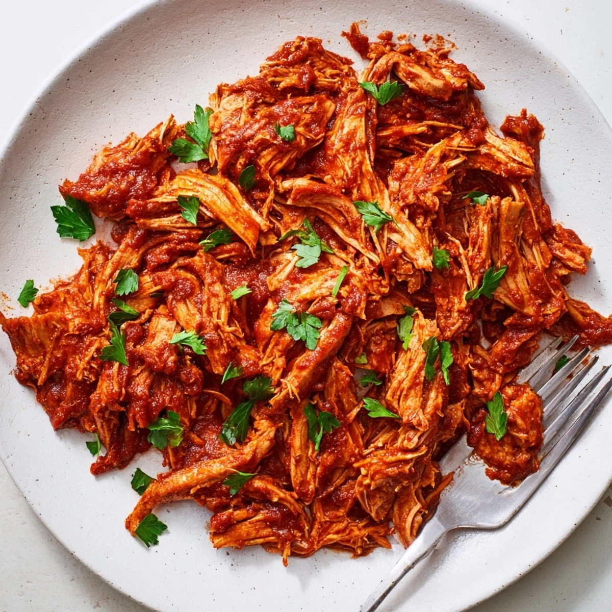 Slow-cooked Sweet Baby Ray's crockpot chicken shredded and coated in glossy, smoky honey BBQ sauce