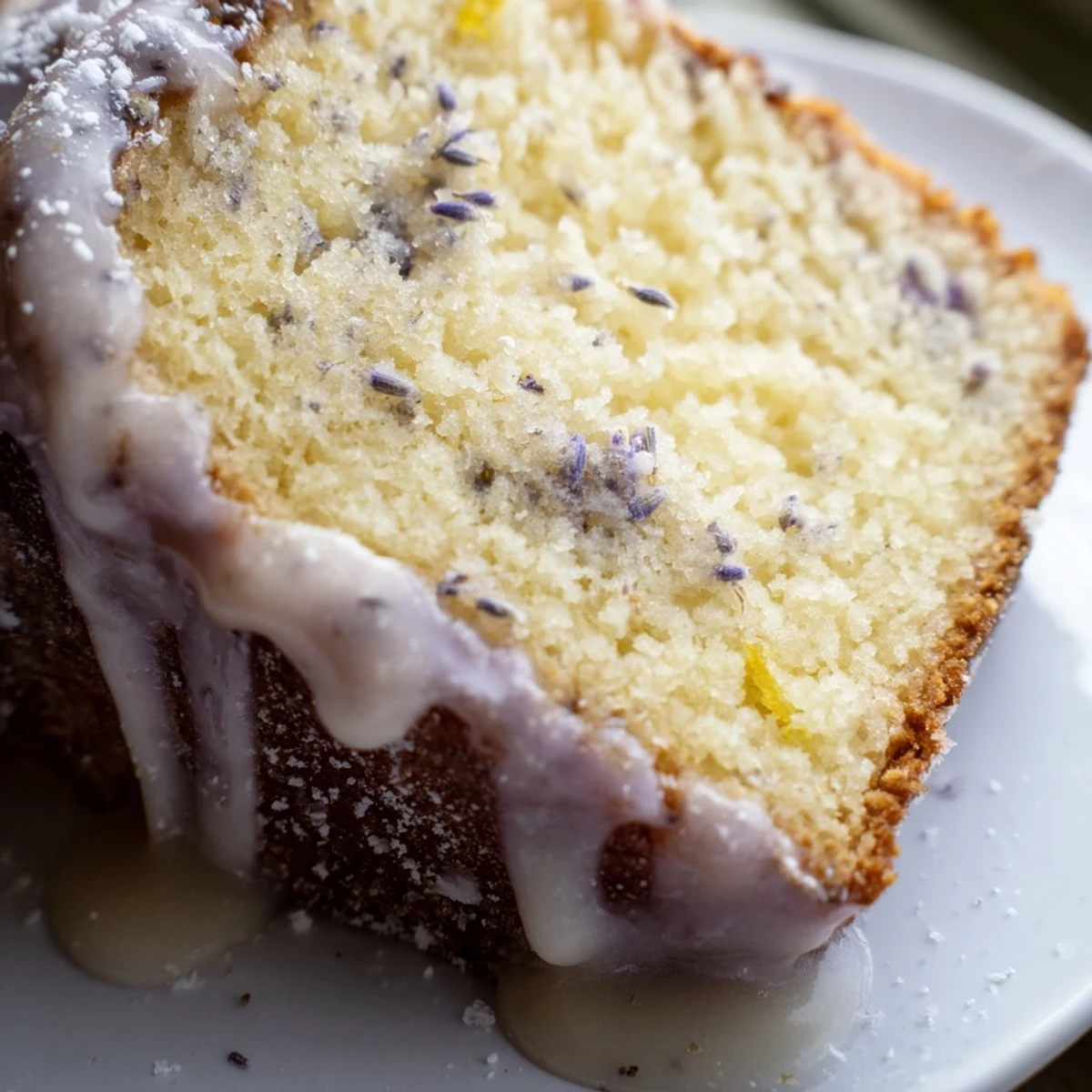 Soft lavender cake slice on a white plate showcasing the delicate fluffy interior and glaze