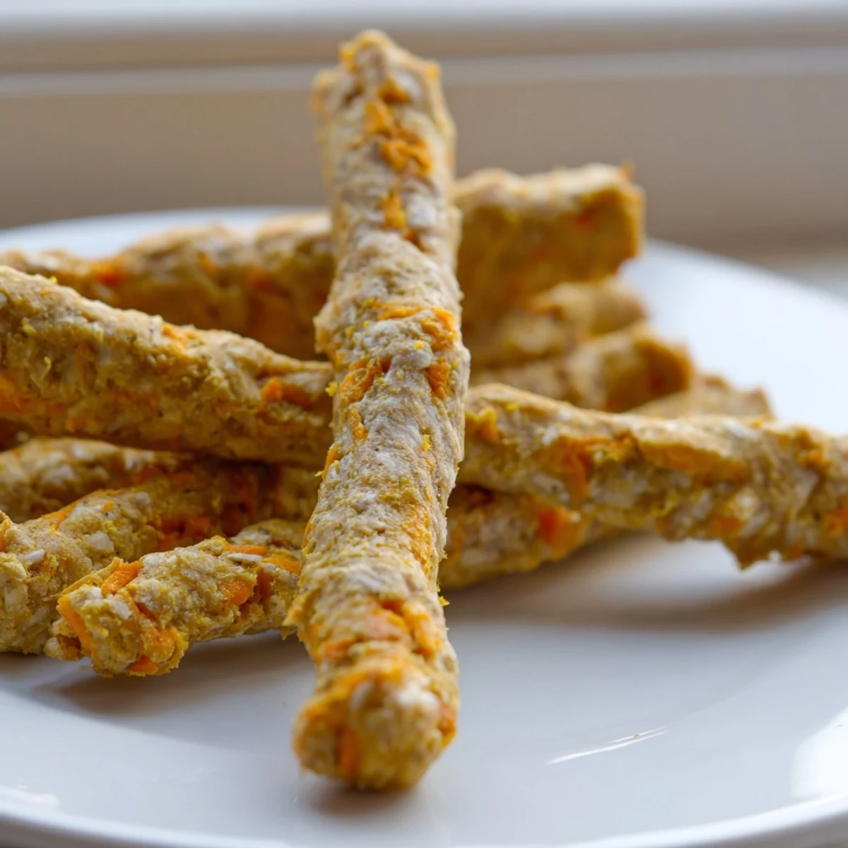 Golden brown apple and carrot dog chew sticks arranged on a rustic wooden cutting board