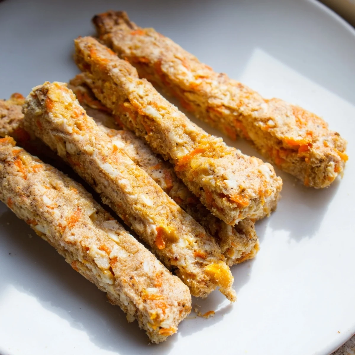 Homemade apple and carrot dog chew sticks with visible flecks of fresh grated vegetables