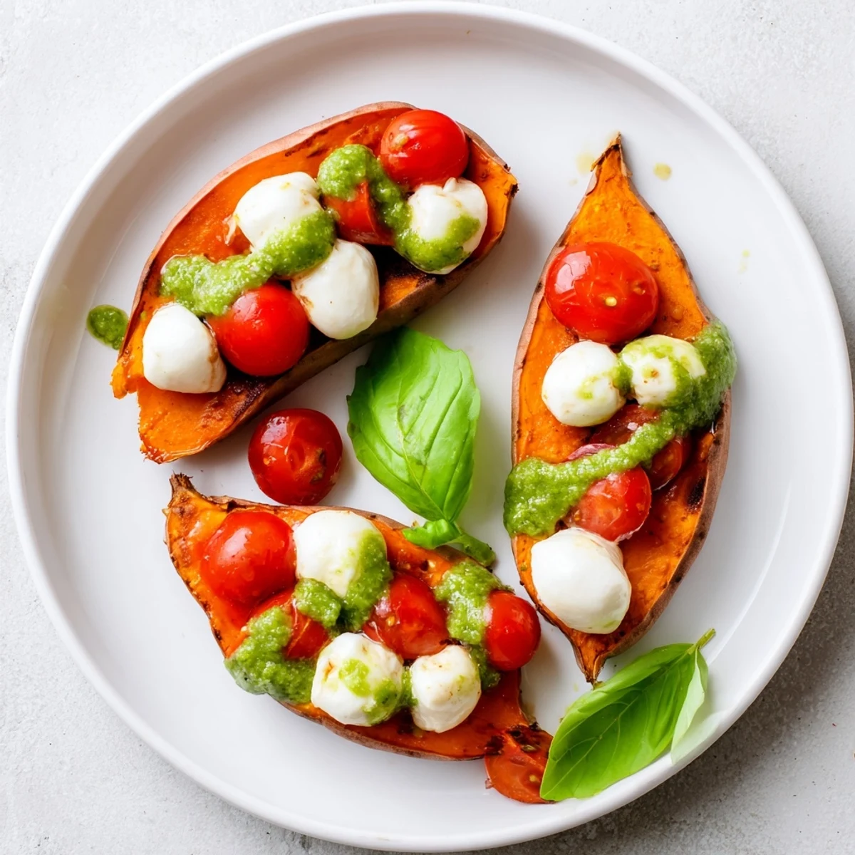 Roasted sweet potatoes with tomatoes and mozzarella topped with vibrant green pesto on a white plate