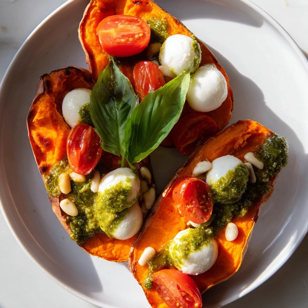 Summer sweet potatoes with tomatoes mozzarella pesto served warm with melted cheese and fresh basil garnish