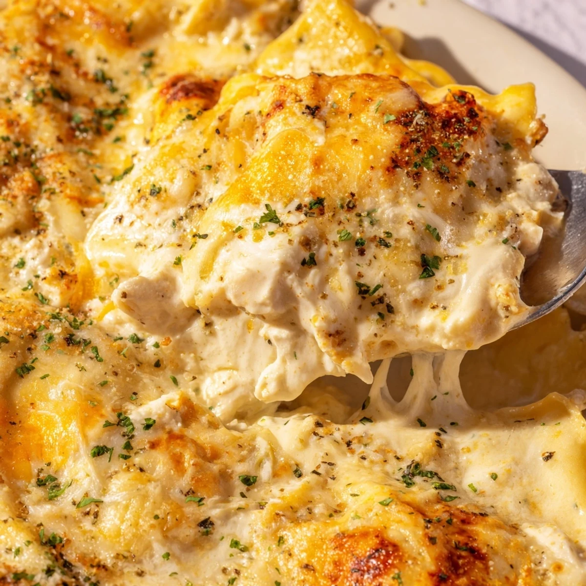 Golden bubbling Chicken Alfredo Baked Ravioli topped with melted mozzarella and fresh parsley garnish