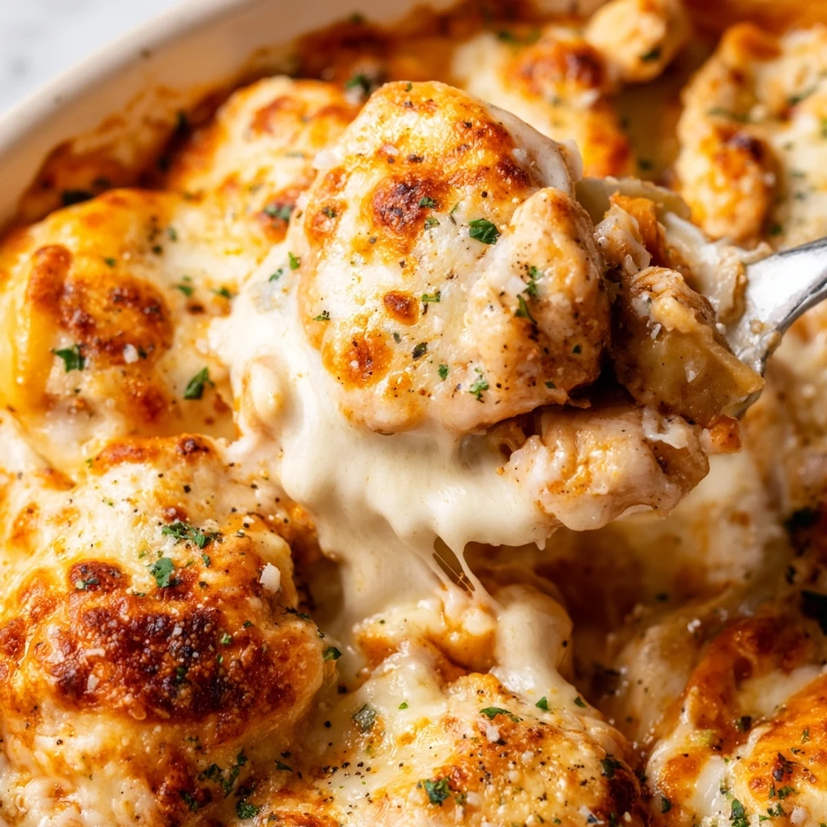 Creamy Chicken Alfredo Baked Ravioli casserole with tender pasta and golden melted cheese topping