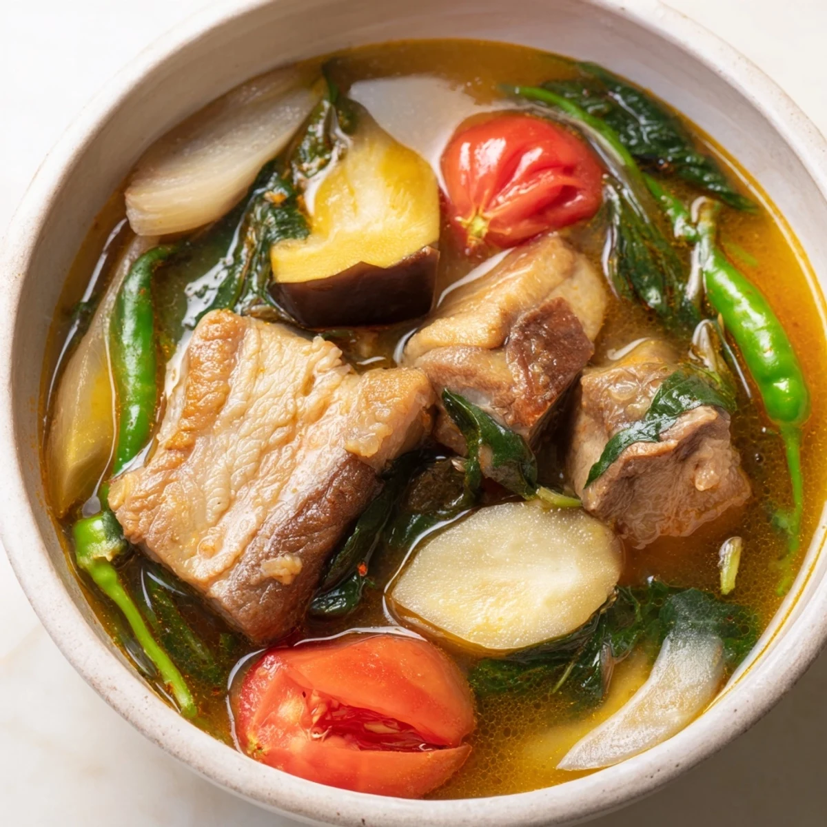 Steaming bowl of Filipino Sinigang sour soup with tender pork chunks and fresh vegetables