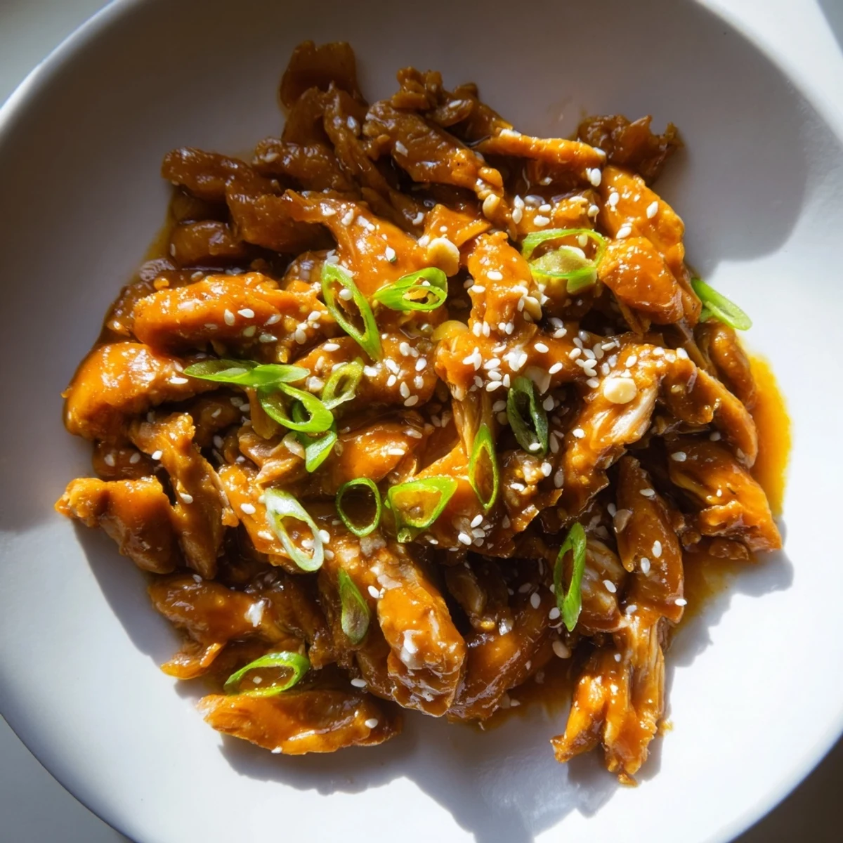 Slow Cooker Sweet Chili Chicken glazed in sticky sauce topped with sesame seeds and green onions