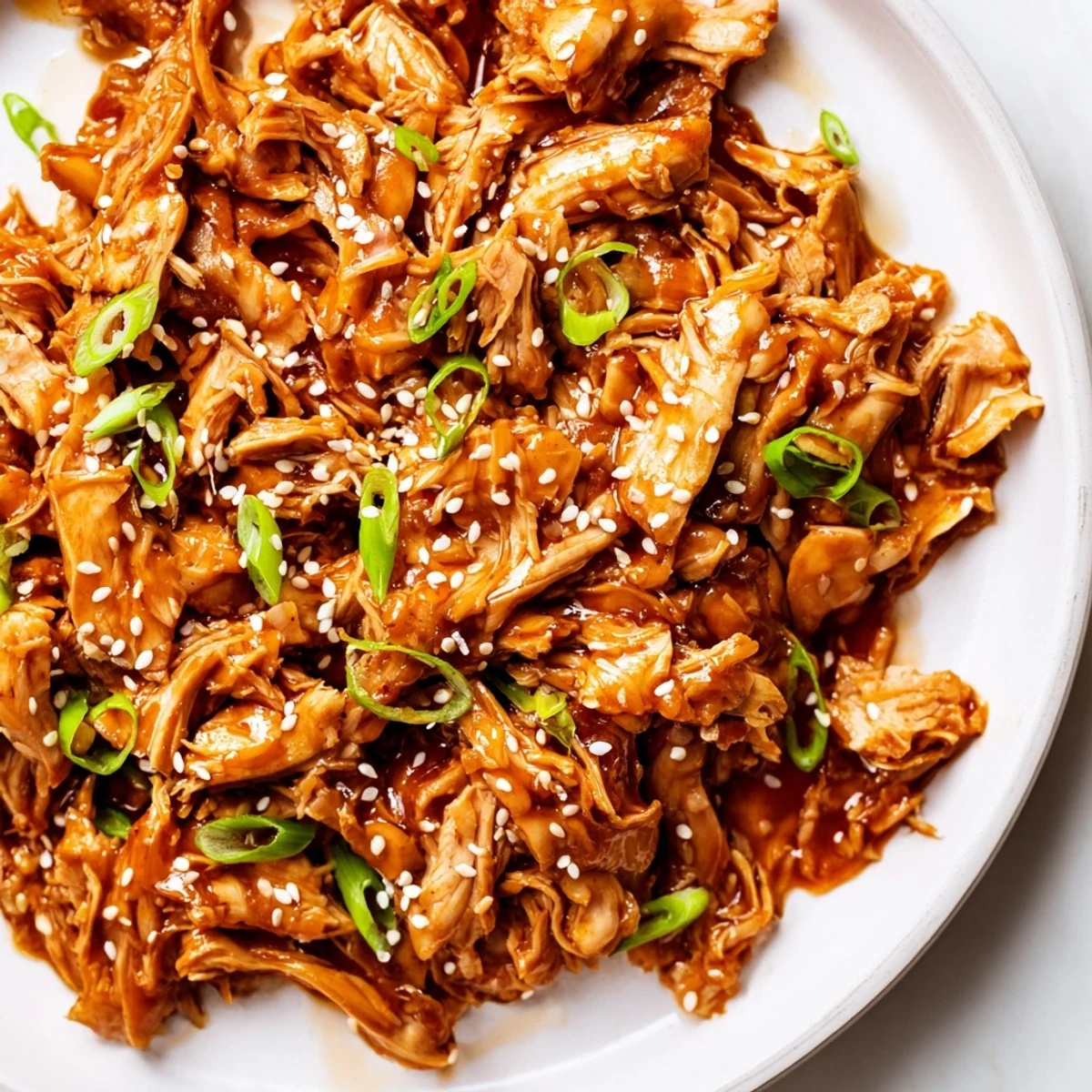 Tender Slow Cooker Sweet Chili Chicken shredded and coated in glossy orange ginger garlic sauce