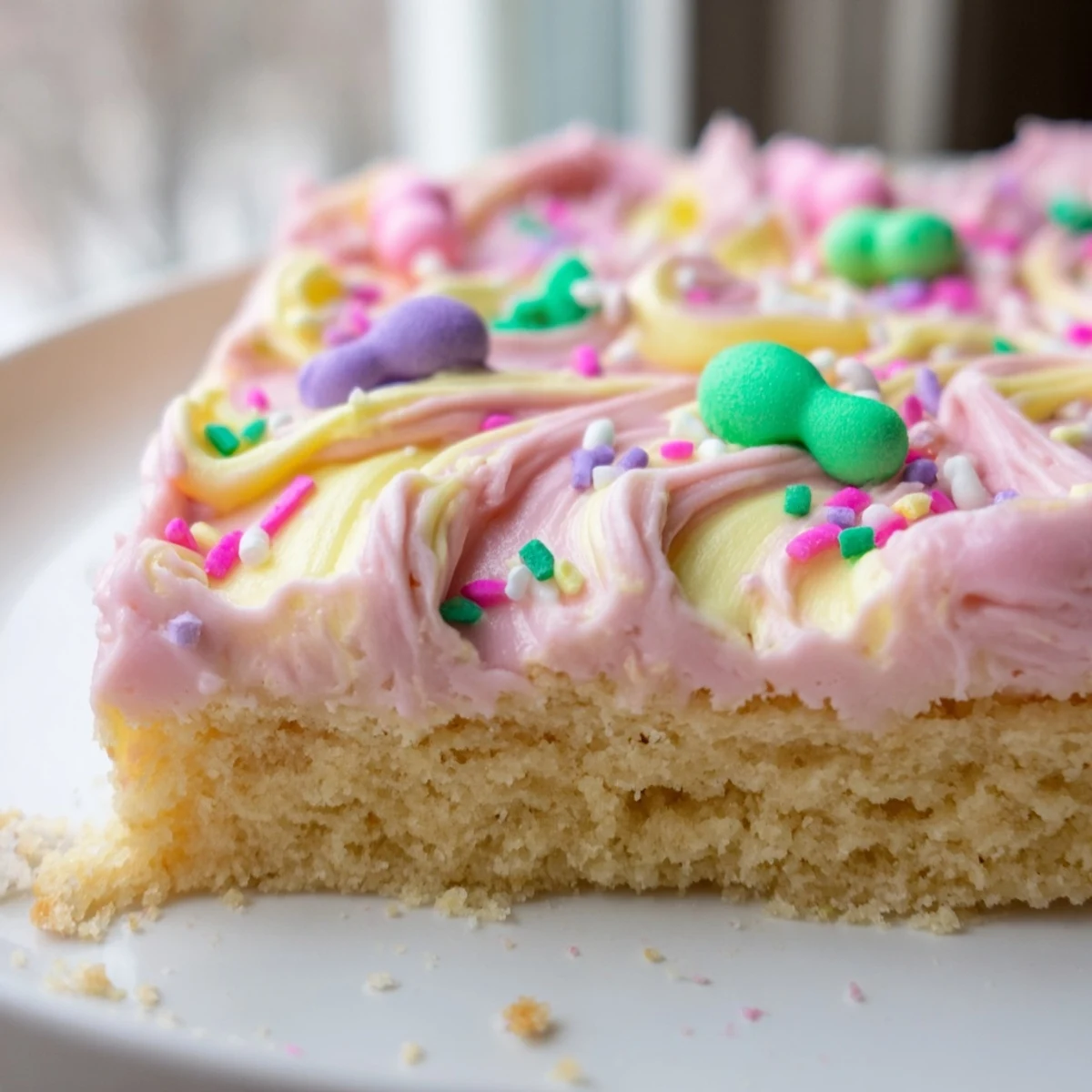 Easter sugar cookie bars with swirled pastel frosting and colorful sprinkles on a white platter