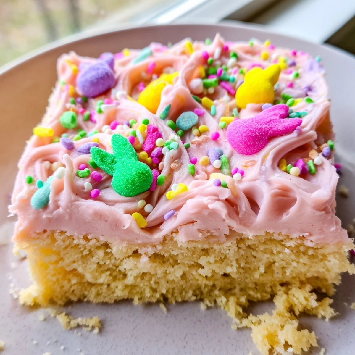 Soft Easter sugar cookie bars cut into squares topped with creamy pink and yellow frosting