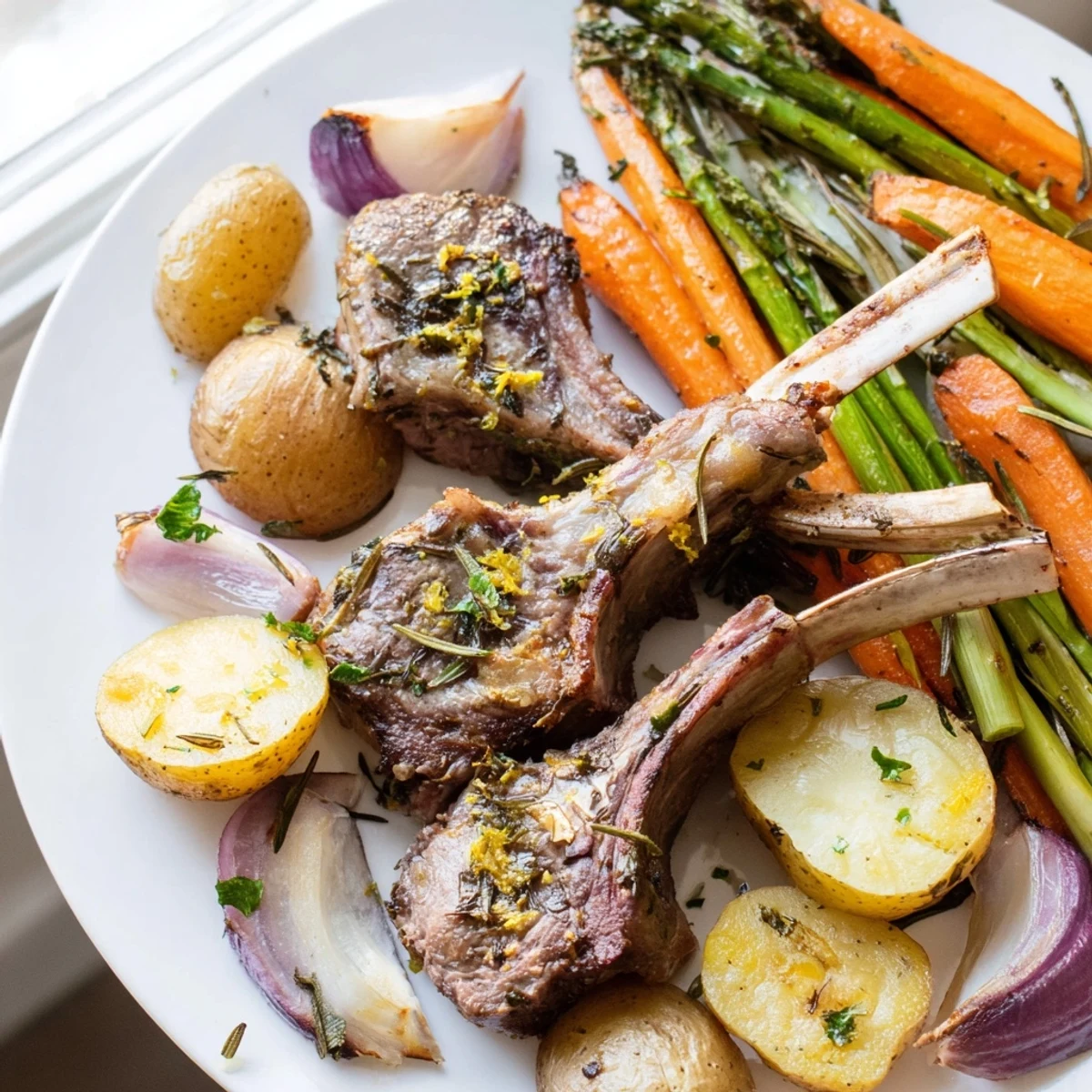 Golden roasted carrots potatoes and lamb chops arranged on Easter dinner sheet pan