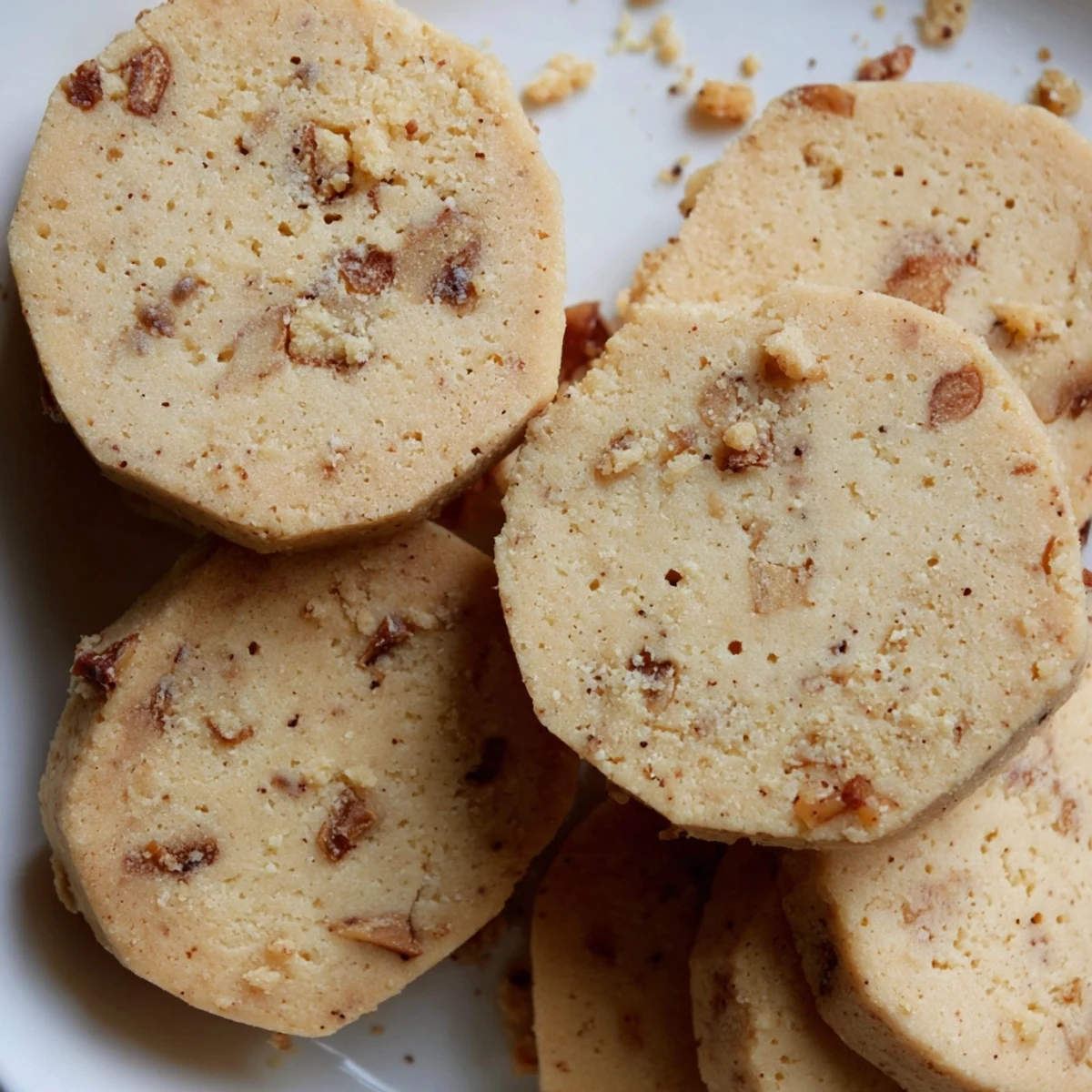 Espresso shortbread cookies with golden edges and melty toffee chunks on rustic parchment