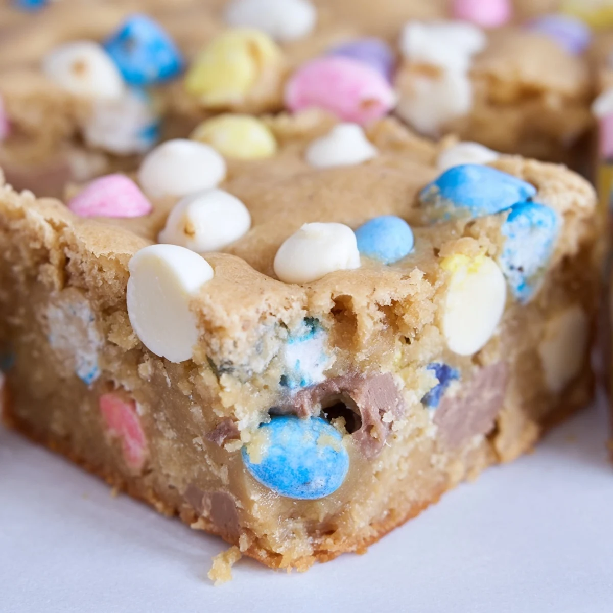 Chewy mini Cadbury Easter egg blondies with colorful candy pieces on a golden crust