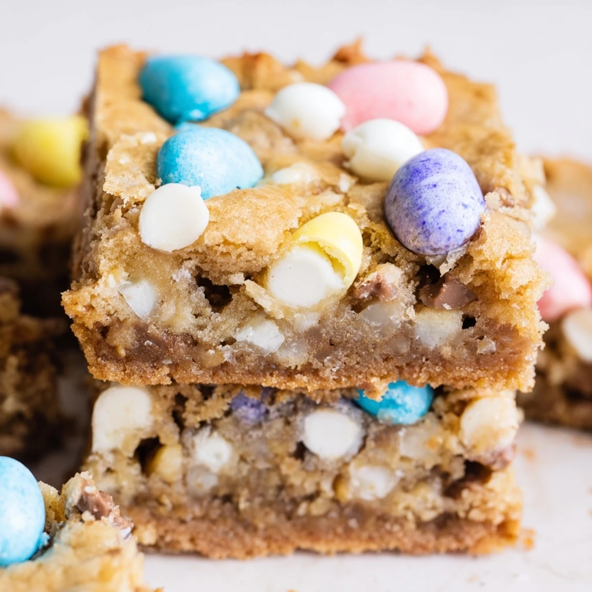 Golden mini Cadbury Easter egg blondies loaded with chocolate chips and pastel eggs