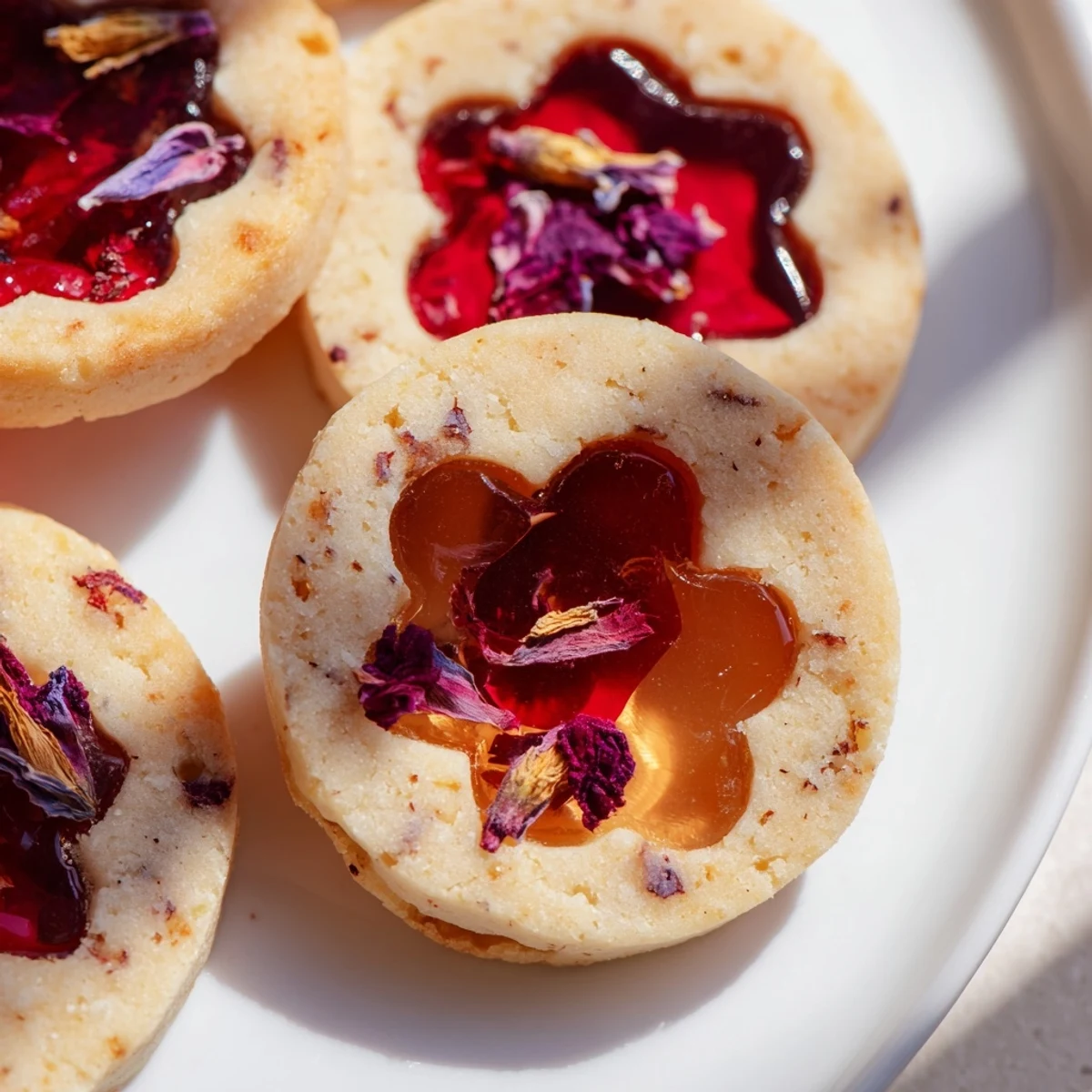 Earl Grey Stained Glass Floral Cookies with jewel-toned candy centers and pressed edible flowers on rustic parchment