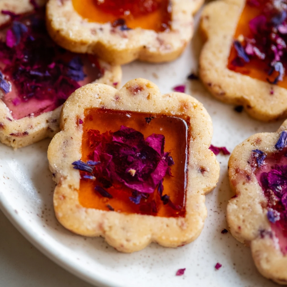 Delicate Earl Grey Stained Glass Floral Cookies arranged on a vintage plate for elegant afternoon tea