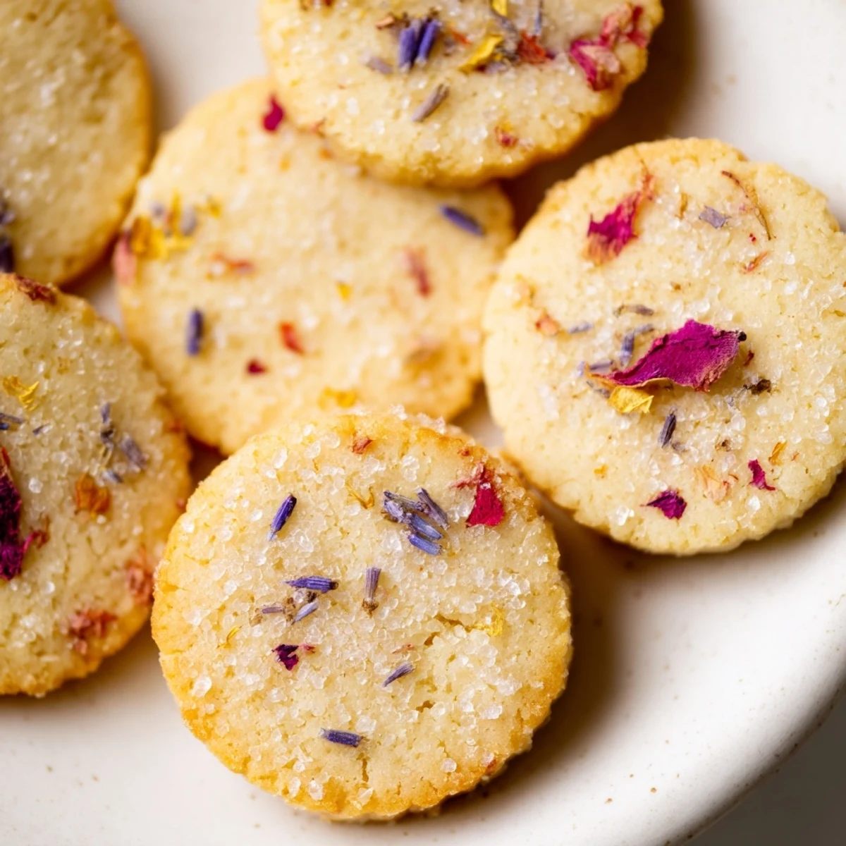 Golden Spring Blossom Cookies topped with colorful edible flowers on a rustic white plate