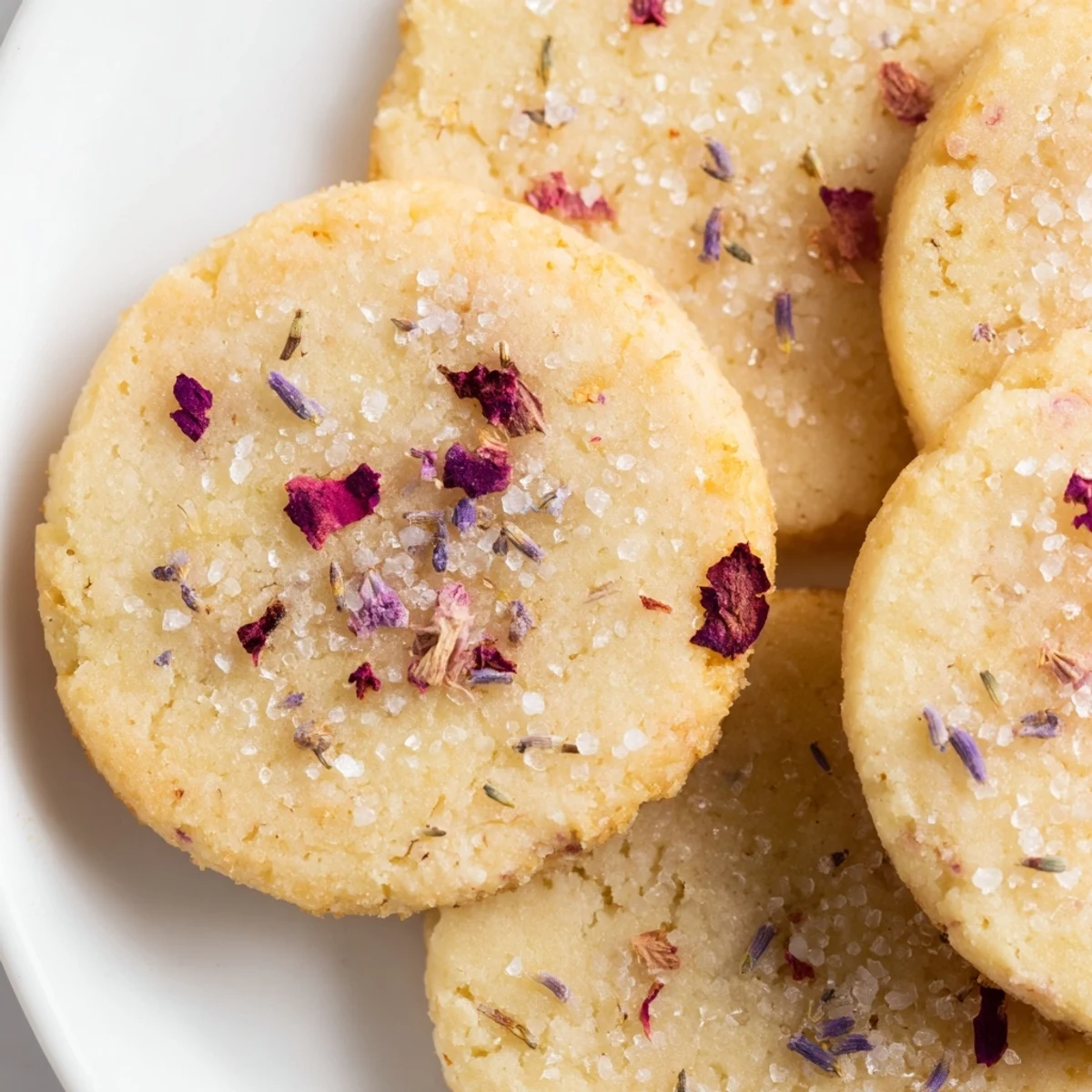 Buttery Spring Blossom Cookies fresh from the oven with sparkling sugar and floral garnishes