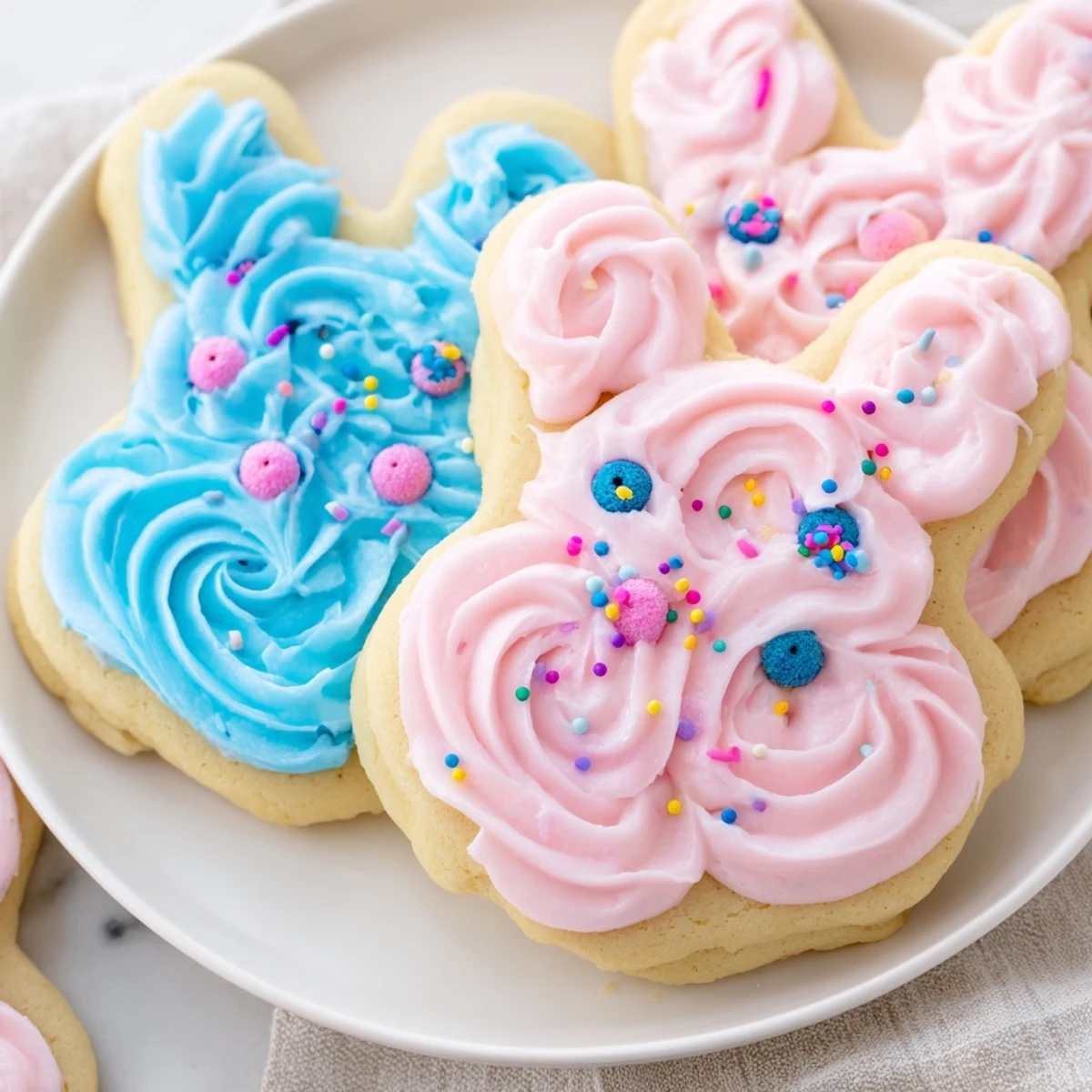 Adorable Buttercream Bunny Cookies with swirled pastel frosting on a rustic wooden serving board