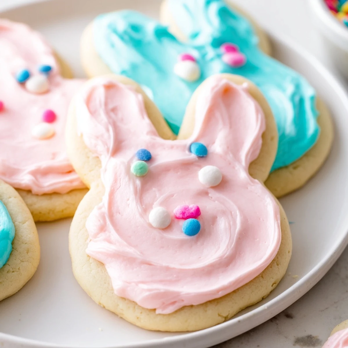 Golden buttery Buttercream Bunny Cookies decorated with candy eyes and pink frosting details