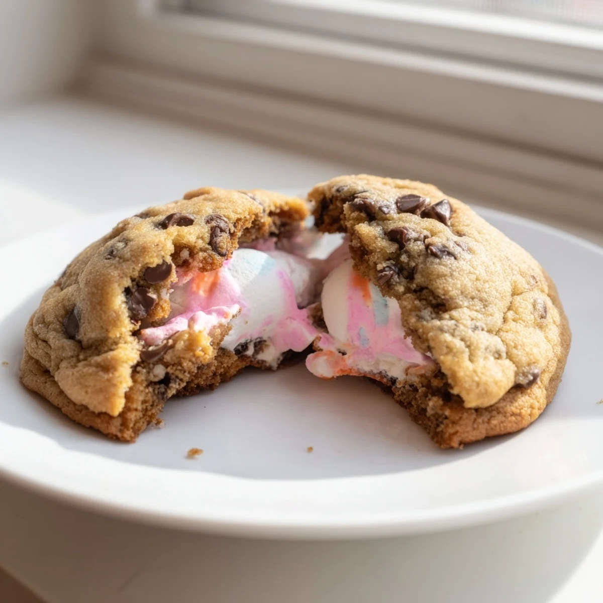 Gooey Chocolate Chip Peep Stuffed Easter Cookies with melted marshmallow oozing from golden edges