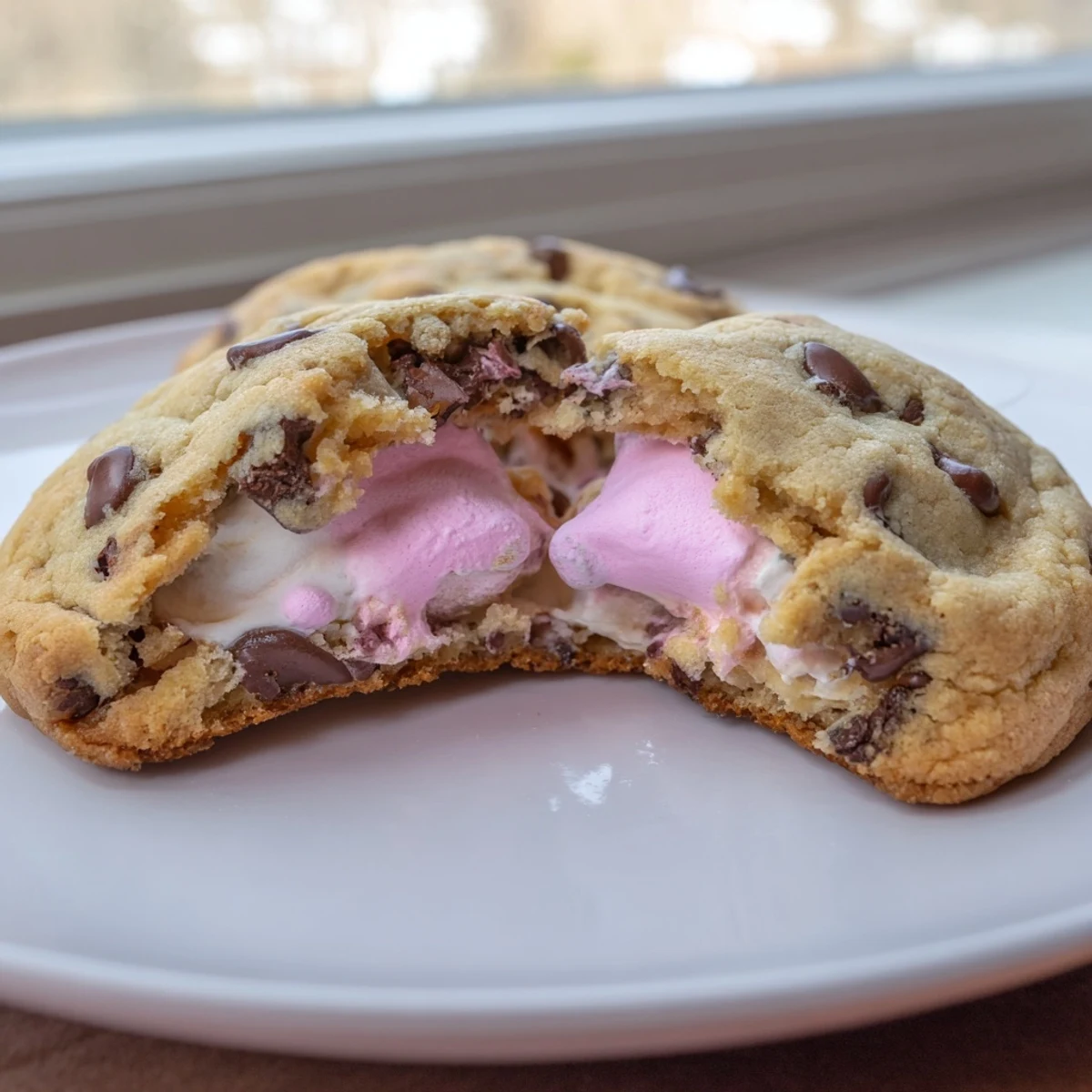Colorful Peep hidden inside soft chocolate chip Easter cookies on a rustic baking sheet