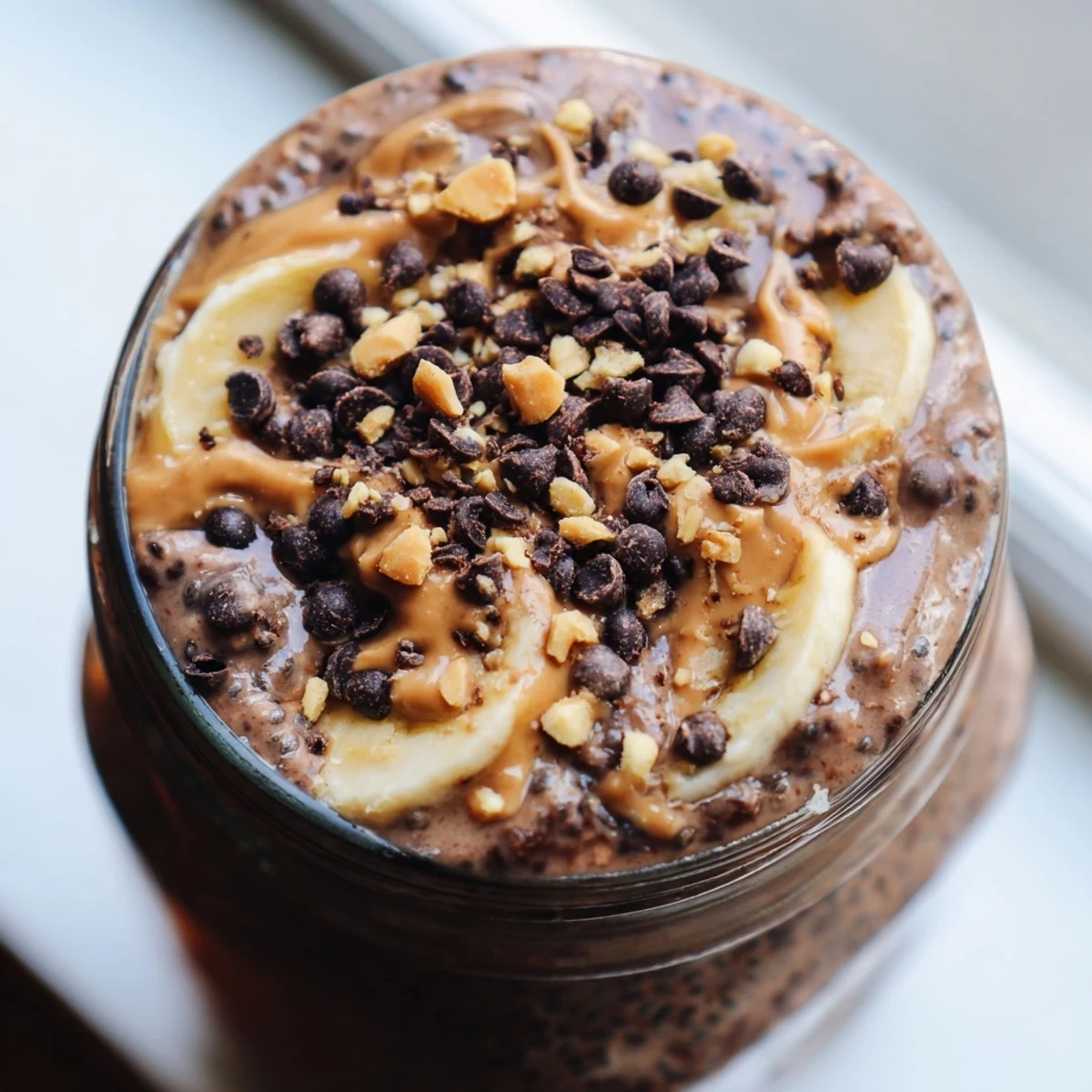 Creamy chocolate peanut butter overnight oats topped with chocolate chips and chopped peanuts in a jar