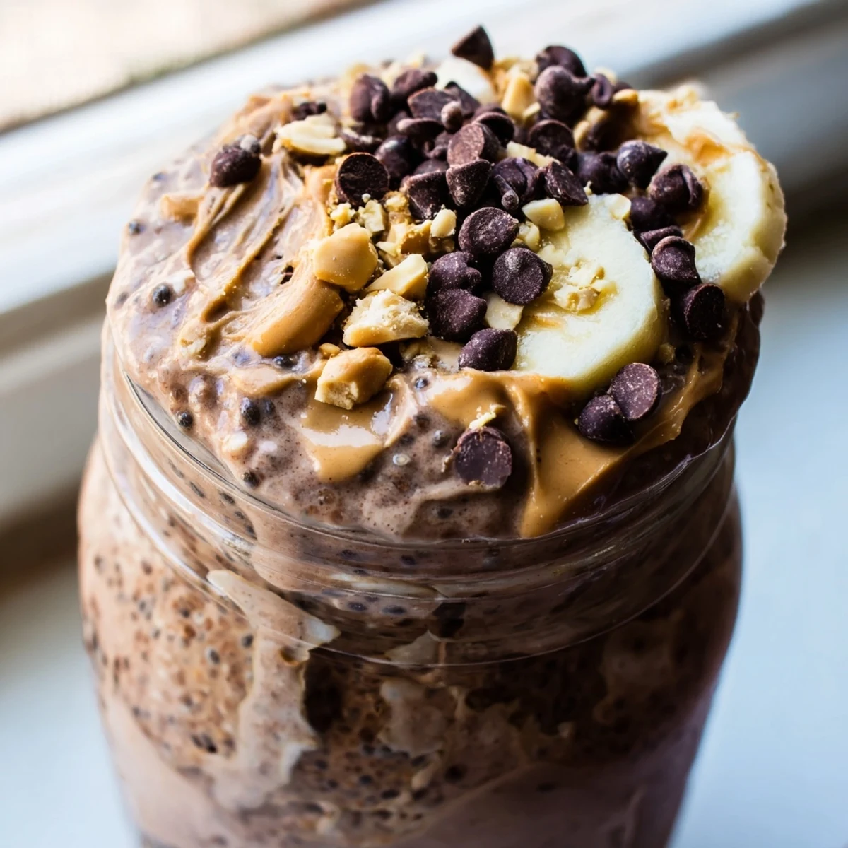 Thick chocolate peanut butter overnight oats served cold in a mason jar with banana slices