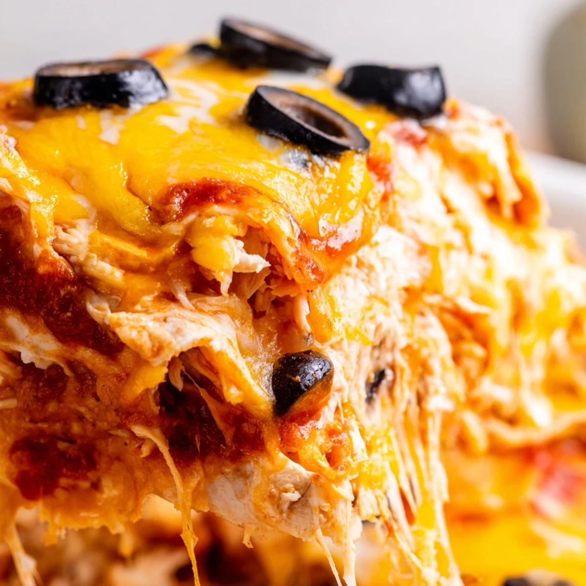 Golden bubbly cheese tops this cheesy shredded chicken enchilada bake fresh from oven