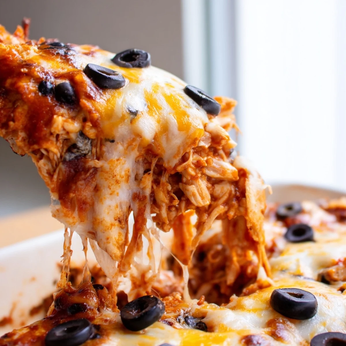 Cheesy shredded chicken enchilada bake layered with beans corn and melted cheese