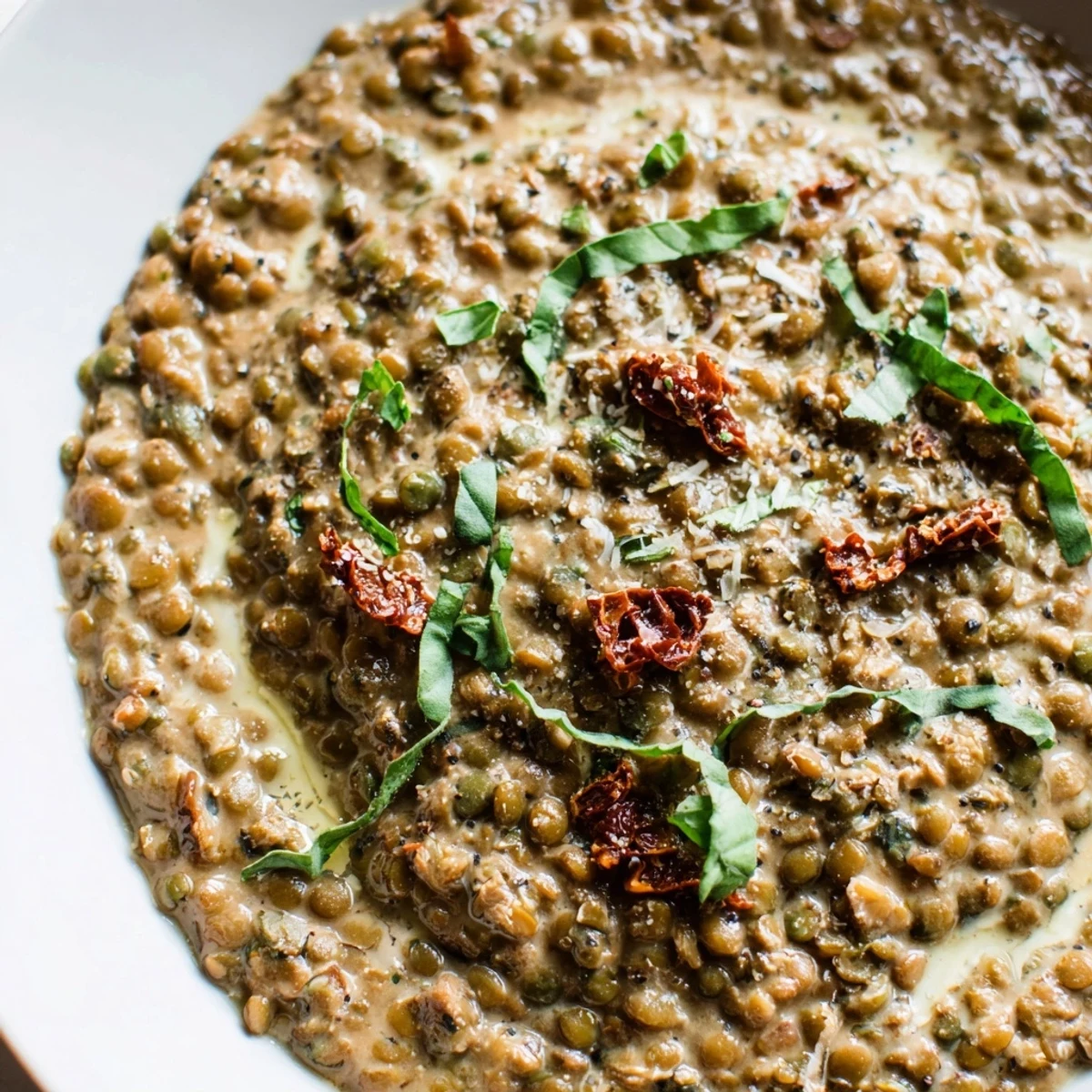 Creamy Marry Me Lentils in rich sun-dried tomato sauce topped with fresh basil garnish