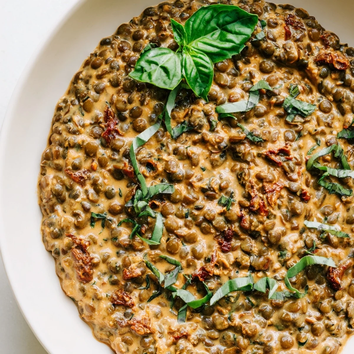 Warm bowl of Creamy Marry Me Lentils with melted Parmesan and aromatic herb seasonings