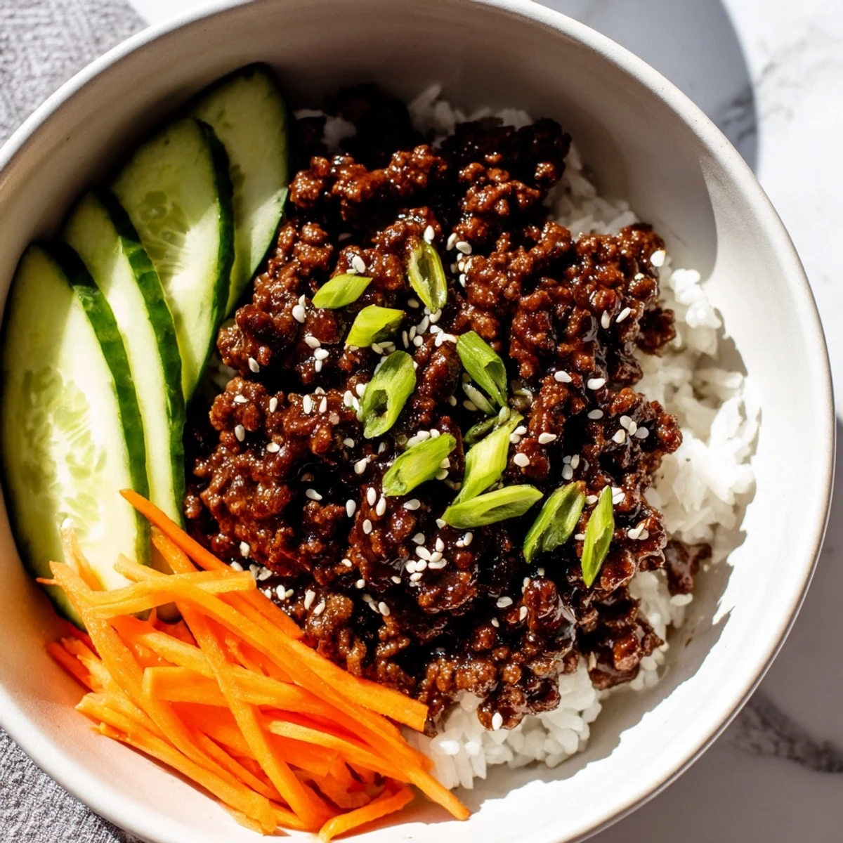 Savory Korean beef bowls with caramelized ground beef and crisp vegetables over fluffy steamed white rice