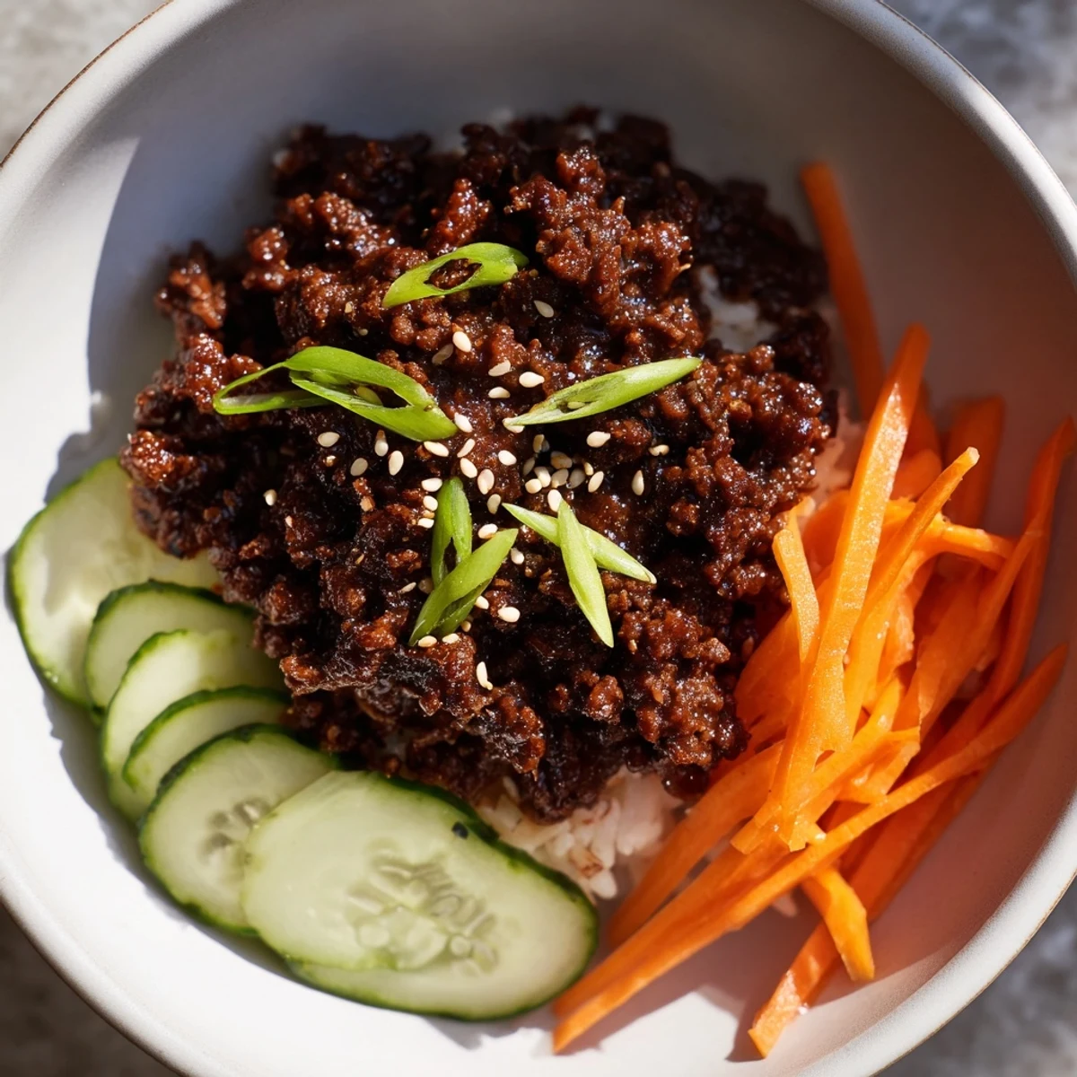 Korean beef bowls topped with fresh julienned carrots cucumber scallions and toasted sesame seeds