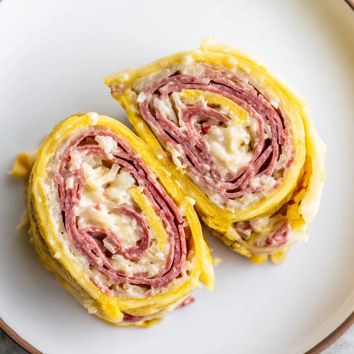 Golden low carb Reuben egg roll ups filled with corned beef and melted Swiss cheese.
