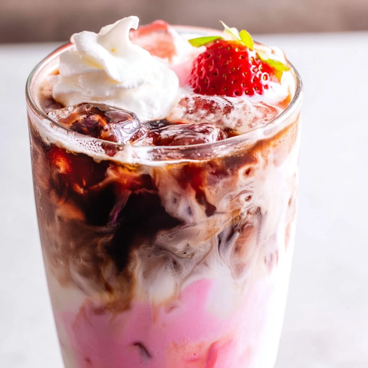 Creamy strawberry cold latte in a tall glass with swirled pink layers and ice