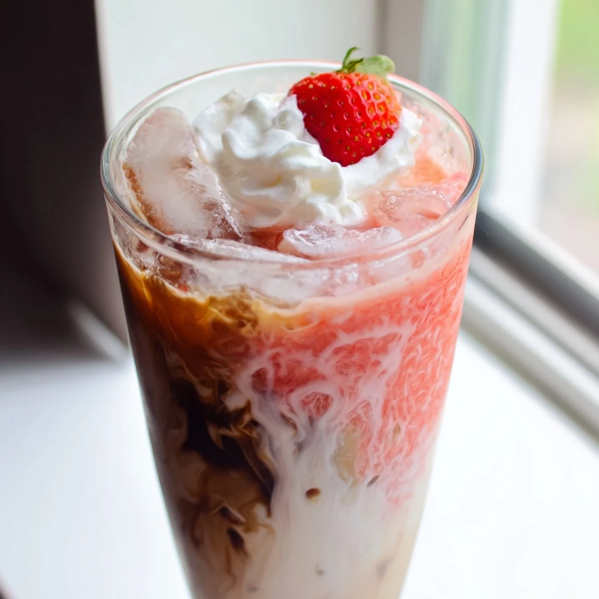 Refreshing strawberry cream cold latte topped with fluffy whipped cream and fresh berry garnish