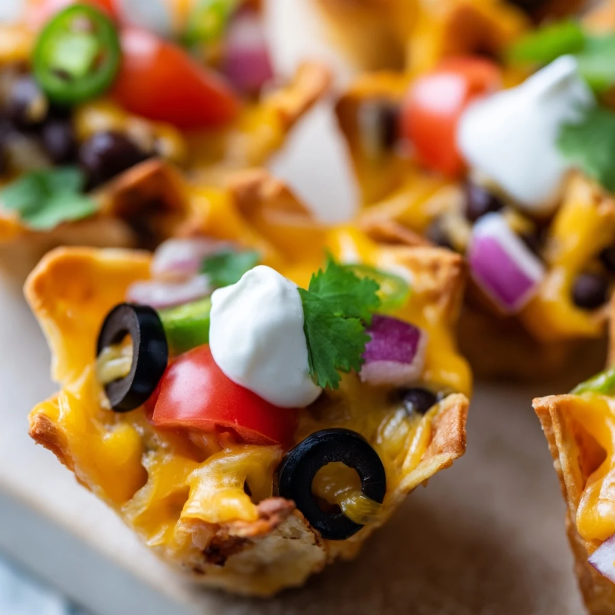 Golden cheesy nacho cups bubbling with melted cheese and colorful fresh toppings in muffin tin