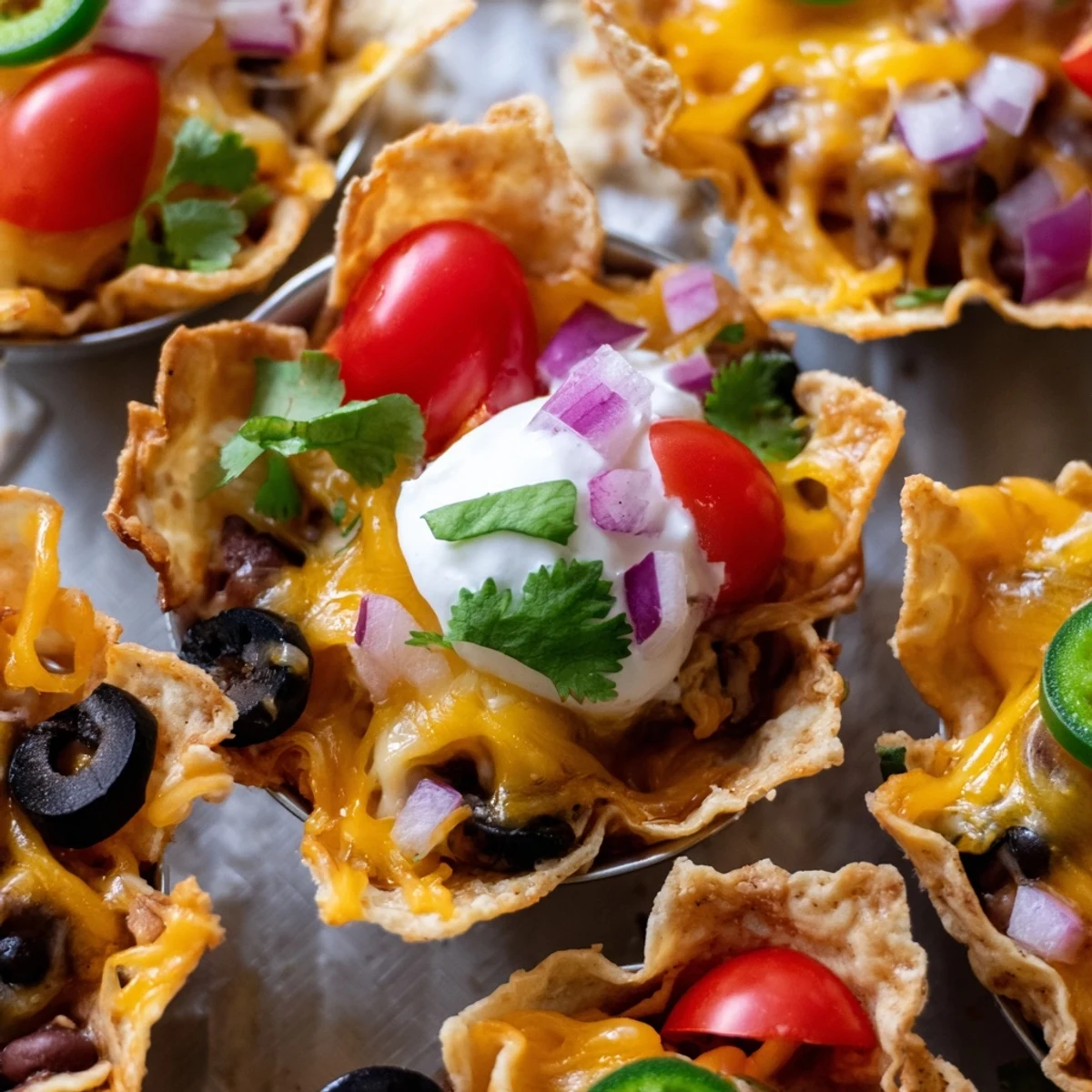 Crispy tortilla cups overflowing with gooey melted cheddar beans and zesty jalapeño garnishes