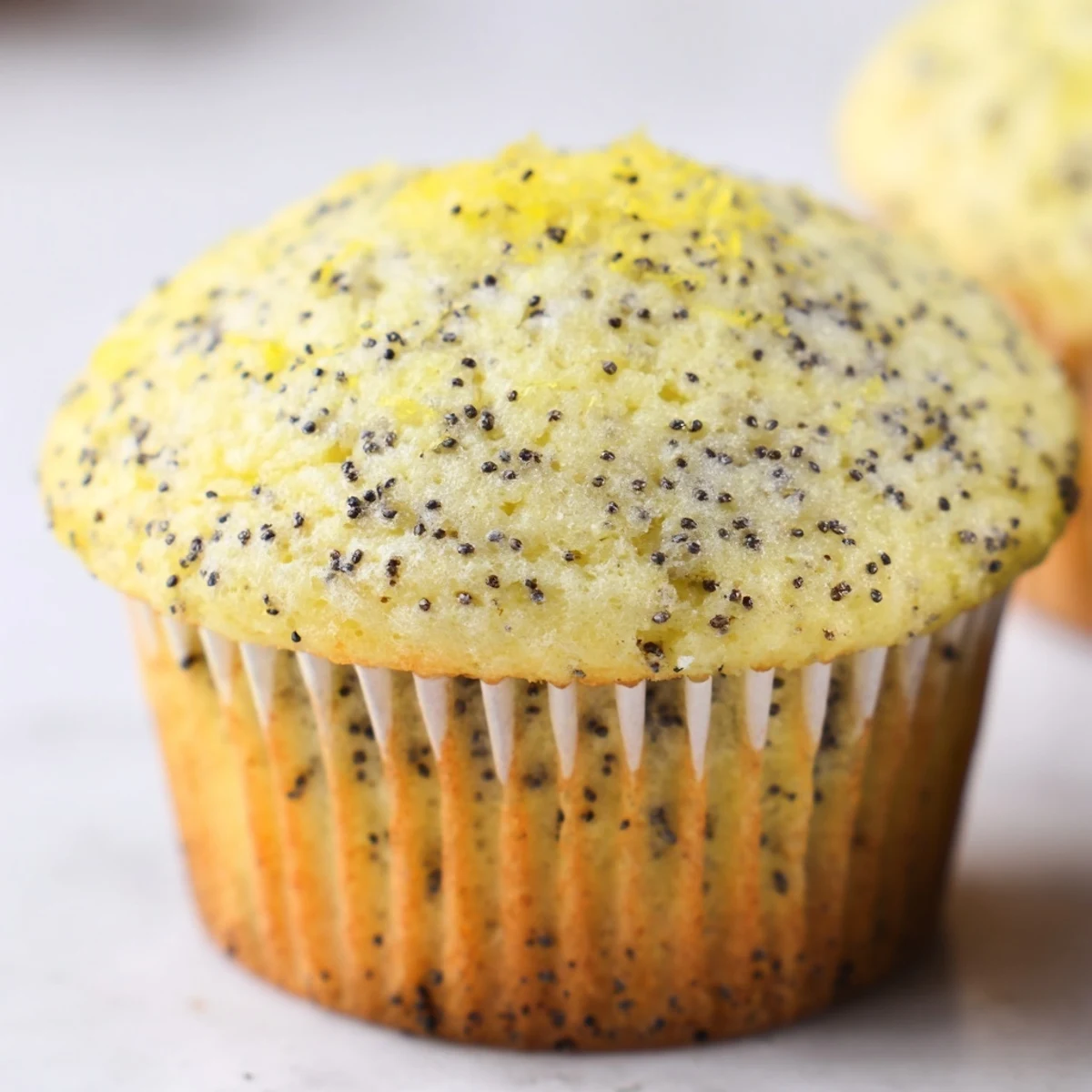 Golden lemon poppy seed muffins with domed tops fresh from the oven ready to serve
