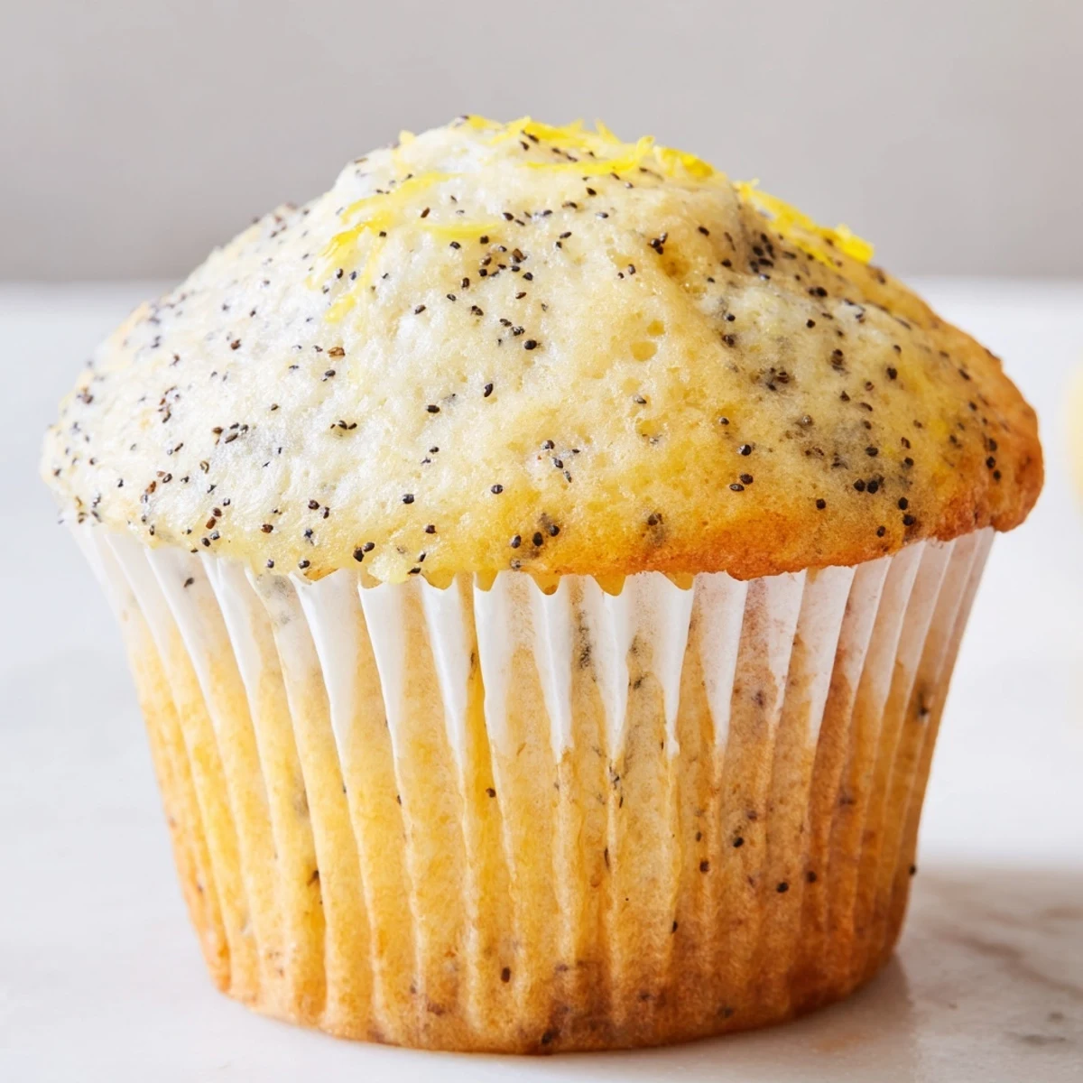 Moist lemon poppy seed muffins speckled with seeds and topped with bright citrus zest