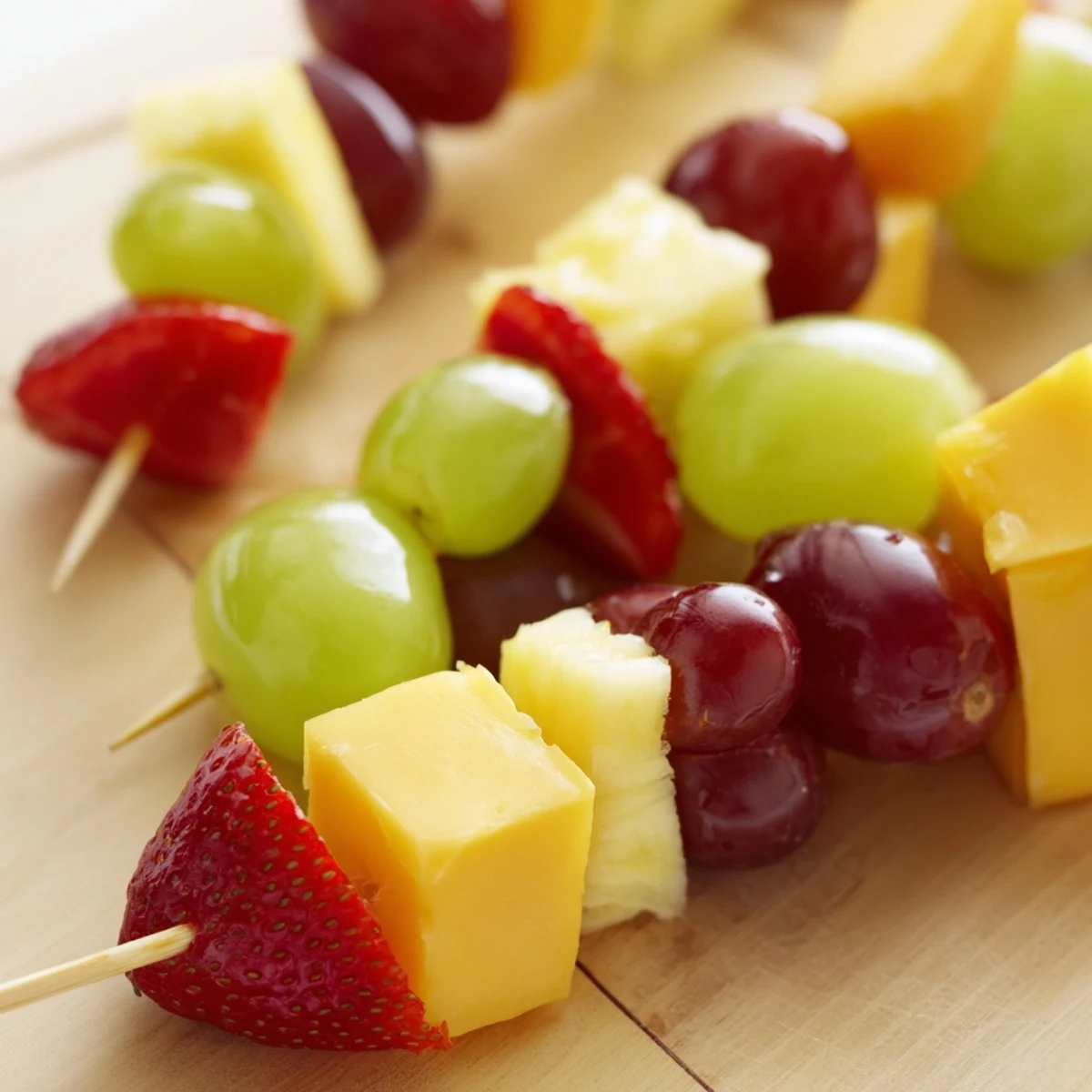 Colorful fruit and cheese kabobs arranged on a platter with grapes strawberries pineapple and cheddar cubes