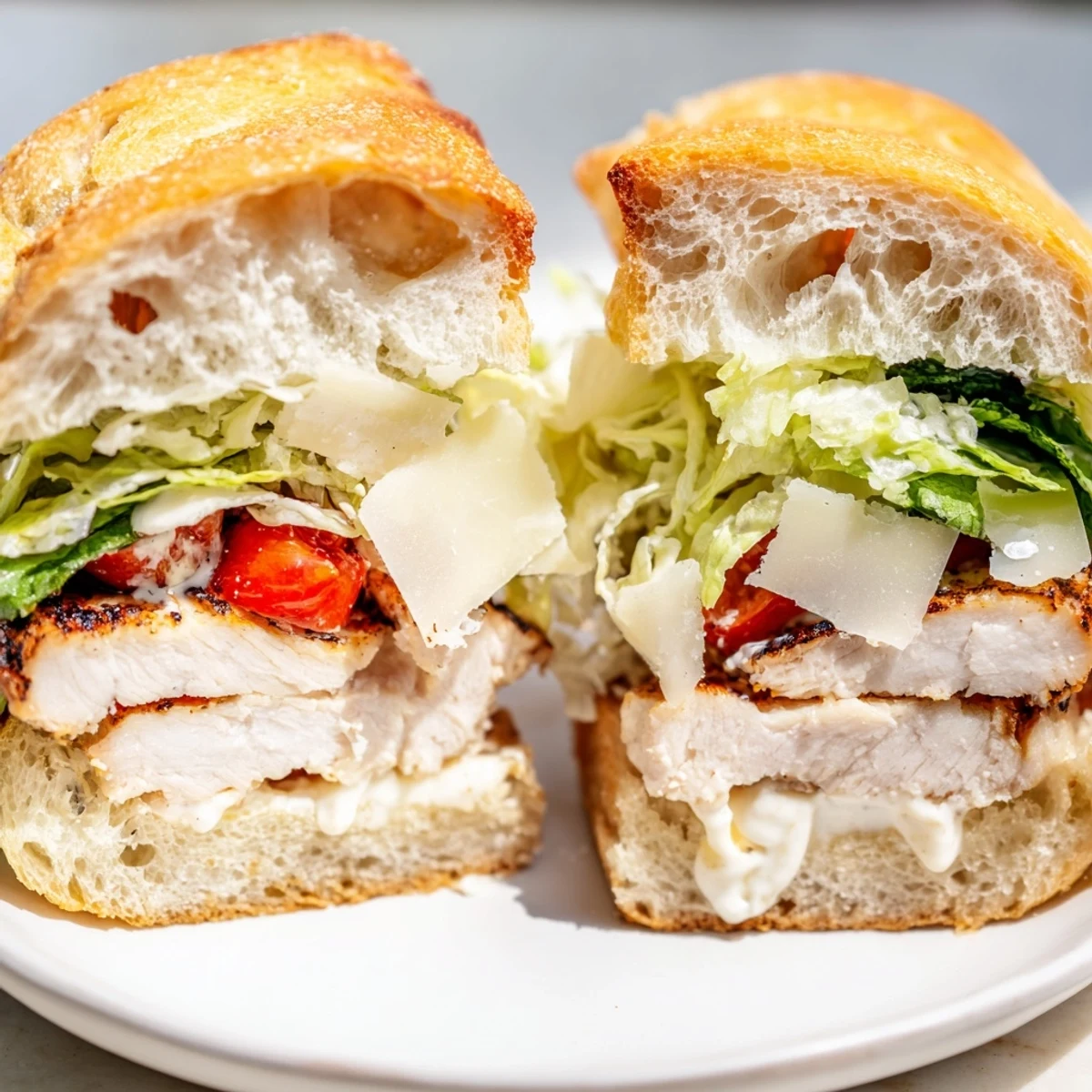 Golden toasted ciabatta holds juicy grilled chicken and crisp romaine in this Chicken Caesar Sandwich
