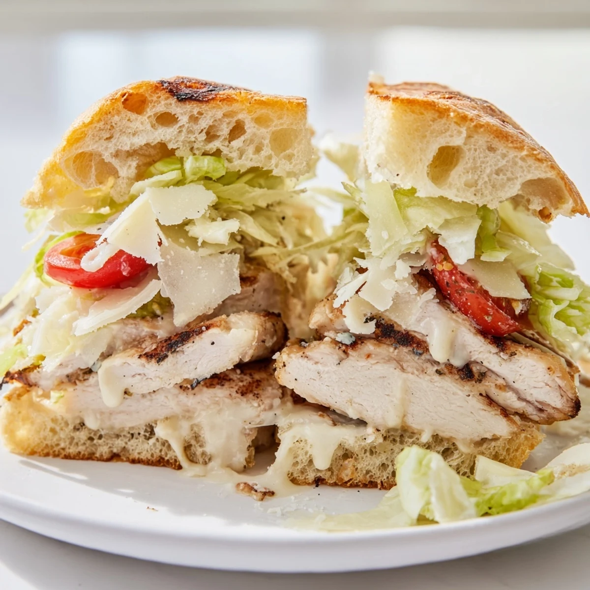 Creamy Caesar dressing coats tender sliced chicken and fresh lettuce on a crusty Chicken Caesar Sandwich