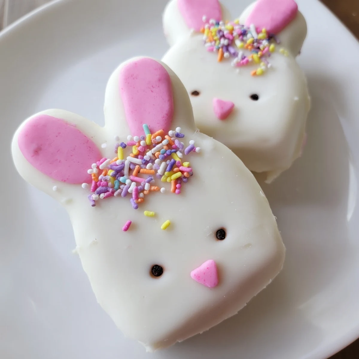 Adorable white chocolate bunny cakesicles with candy eyes and pink ears on wooden board