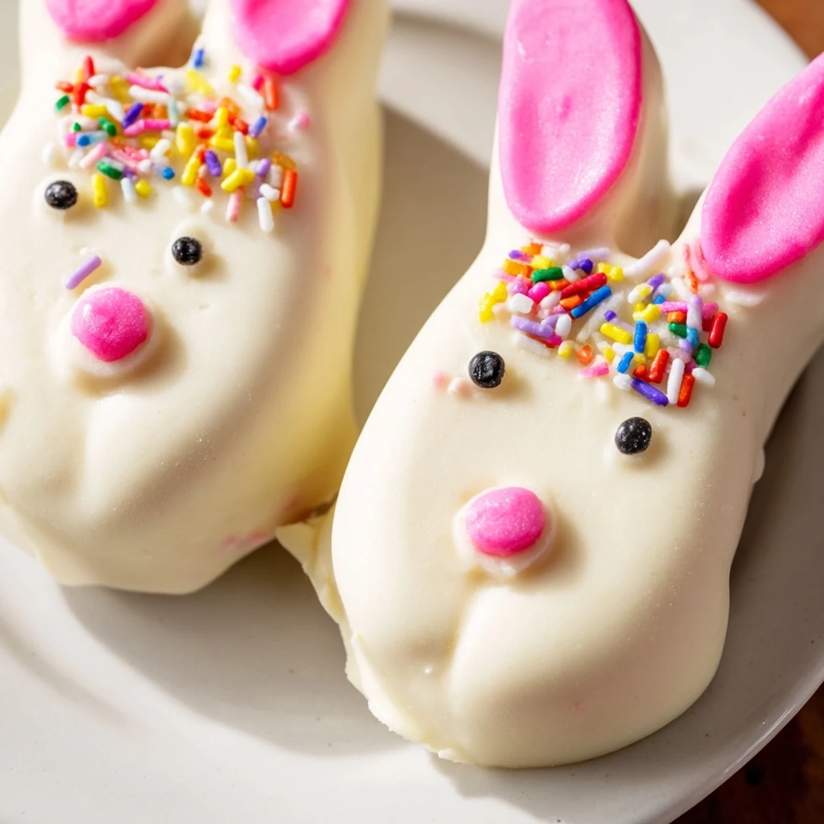 Creamy white chocolate bunny cakesicles decorated with sprinkles for festive Easter celebration