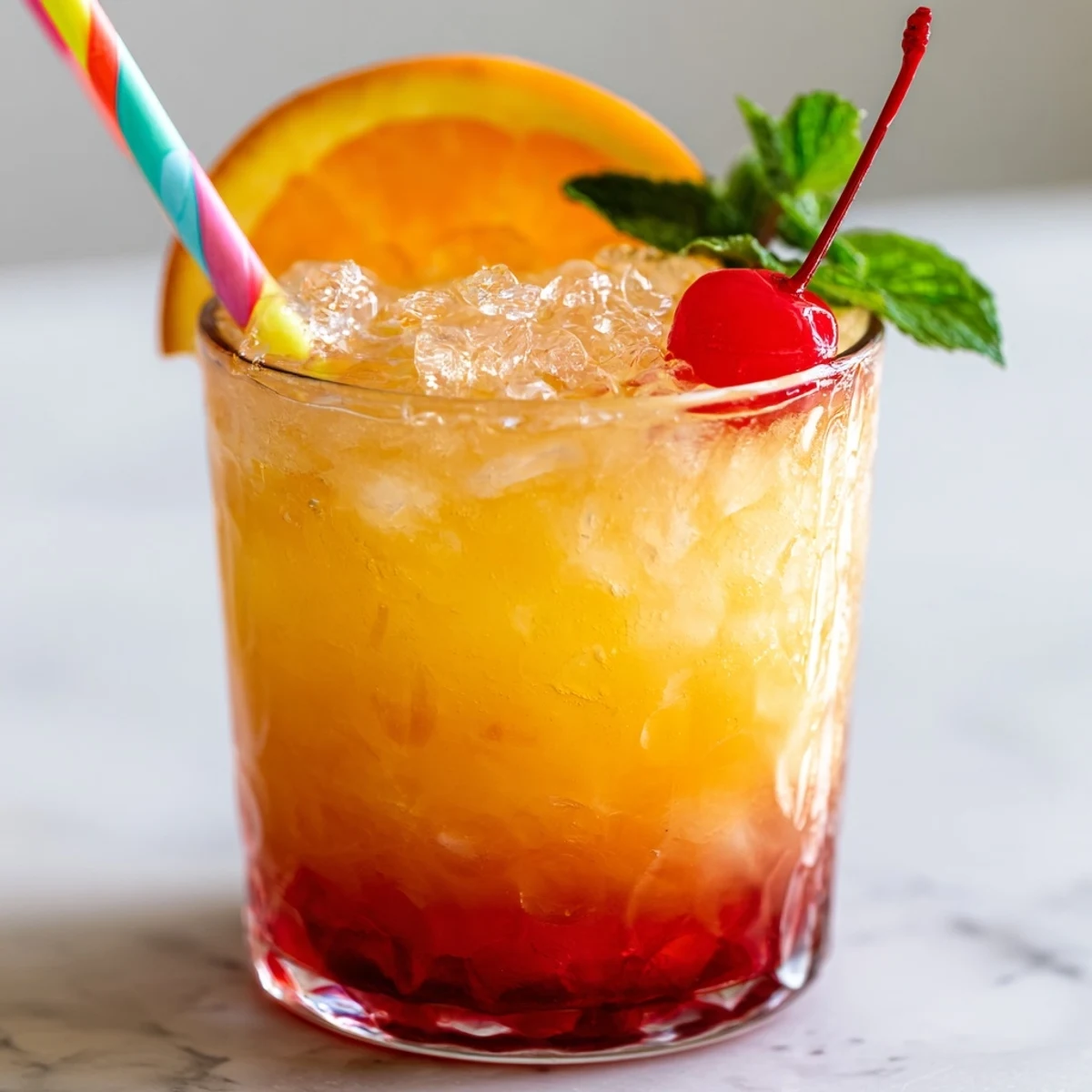 Non Alcoholic Mai Tai in a glass with orange slice, cherry, and crushed ice